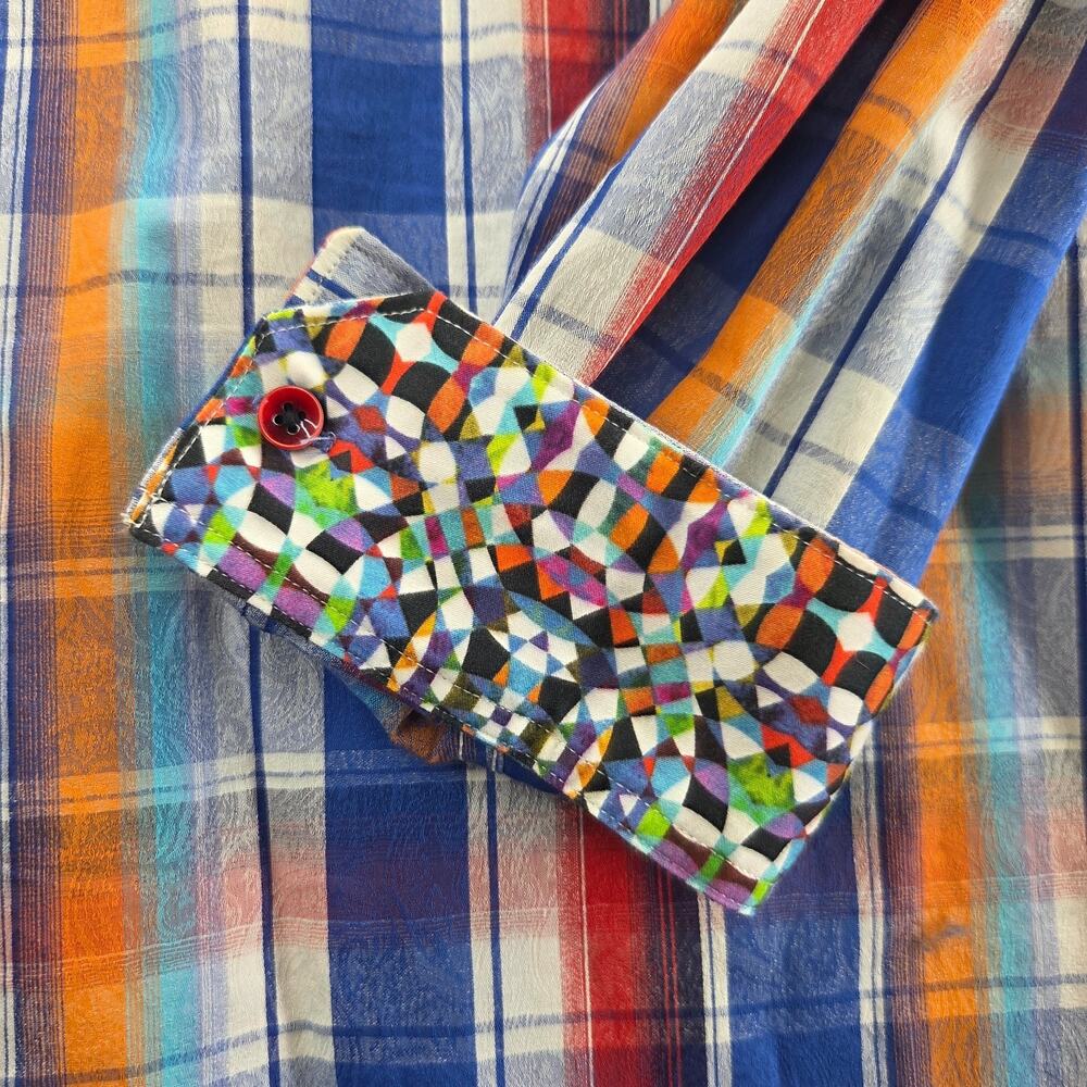 Robert Graham Button Shirt Mens 2XL Blue Orange White Red Check Flip Cuff